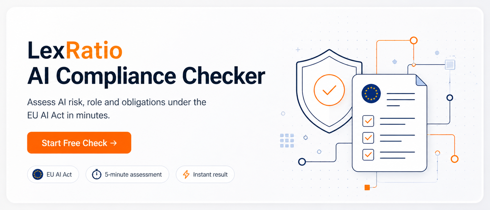 LexRatio AI Compliance Checker banner inviting users to assess AI risk, role and obligations under the EU AI Act.